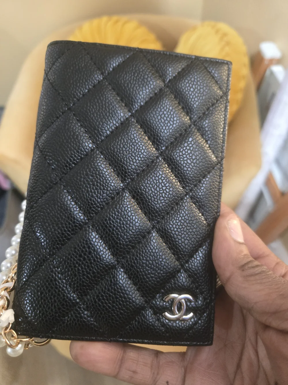 Chanel Black Quilted Passport Holder with Pearl-Chain